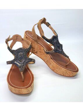 Anthropologie Women's Metallic Beaded Cork Platform Sandals Size 39 (9) 1446